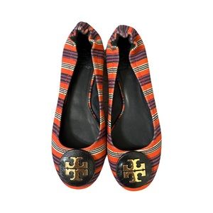 Tory Burch Reva Bauer Stripe printed canvas flats.